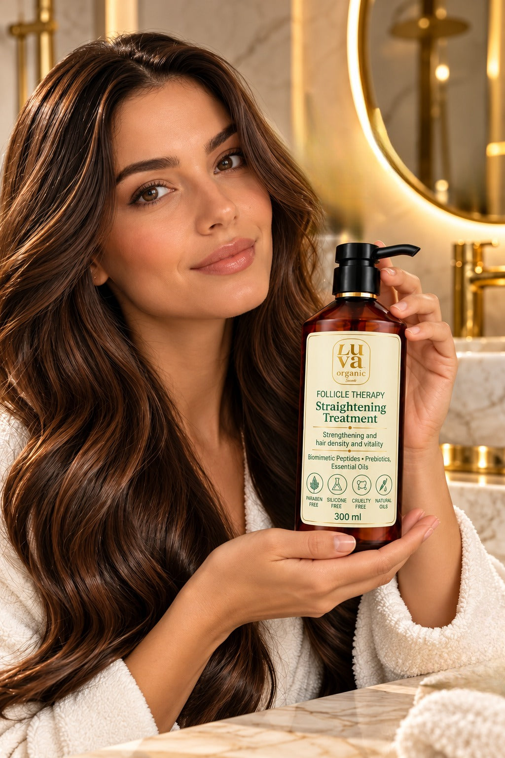 Woman in a white bathrobe holding an amber LUVA Follicle Therapy bottle in a bathroom